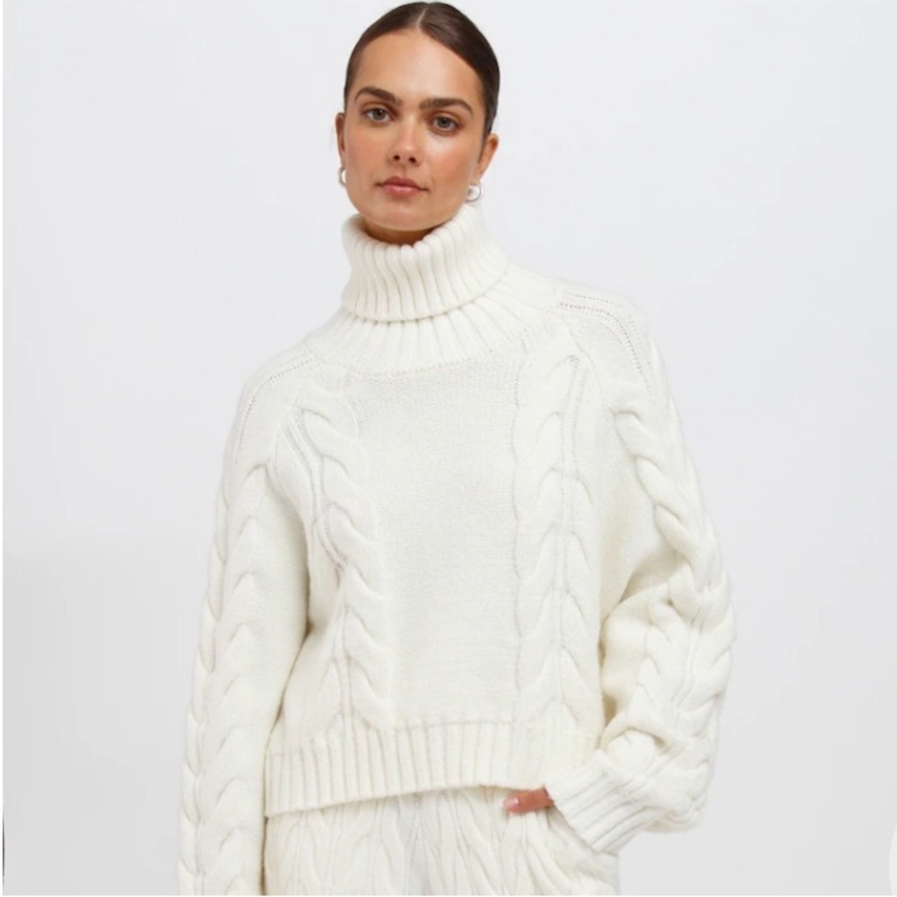 Brunette The Label Adele Ivory Cable Knit Cropped Turtleneck Sweater